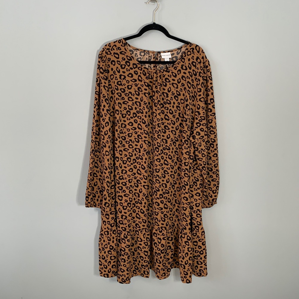 NEW Ava & Viv Women 3X Leopard Animal Print Long Sleeve Ruffle Hem Shift Dress